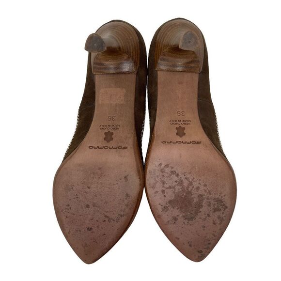Fornarina Suede Pumps Stacked Heels Brown Women's EU 36 Cross Stitch Detail - Picture 7 of 9